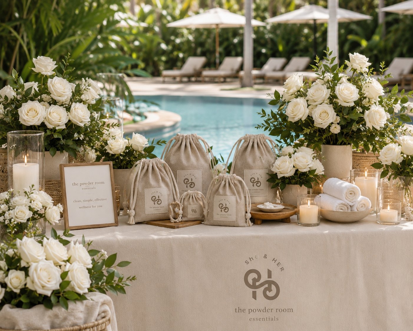 She & HER 'The Powder Room' poolside setup — gift-bag table concept